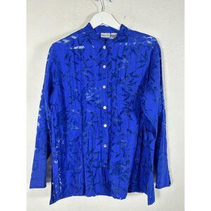 Chico's Womens Blue Sheer Bamboo Pattern Button-Up Blouse Shirt Size 2 Casual